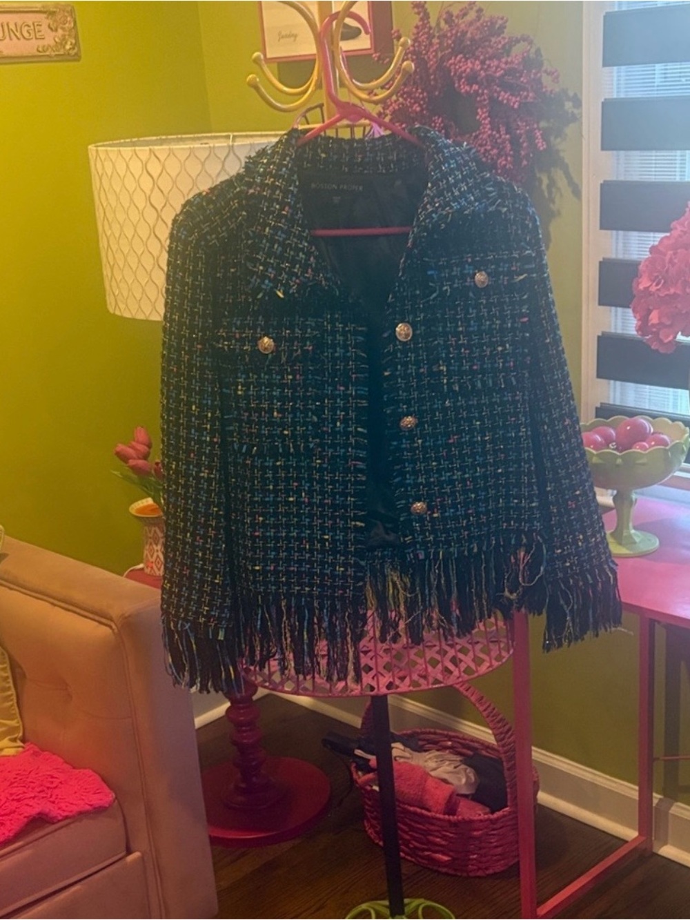 Boston Proper Black Multi Tweed Fringe Jacket
